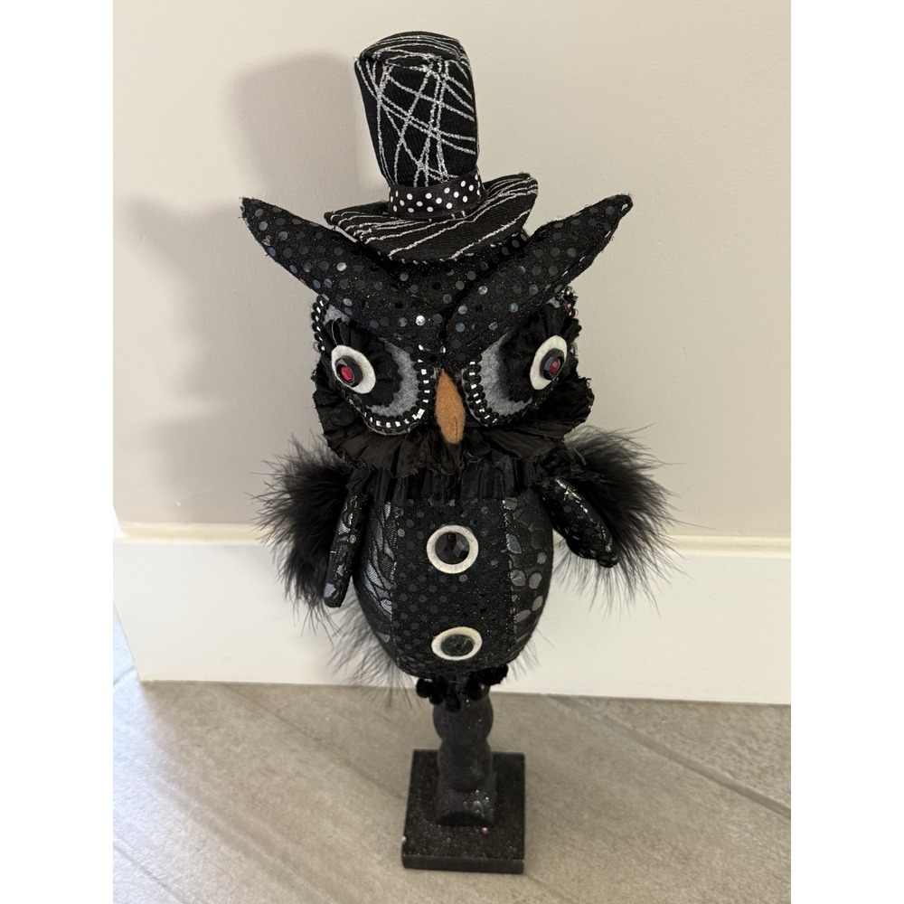 Katherine's Steampunk Black Fabric Owl Feathers Pedestal ‎ 17" Halloween